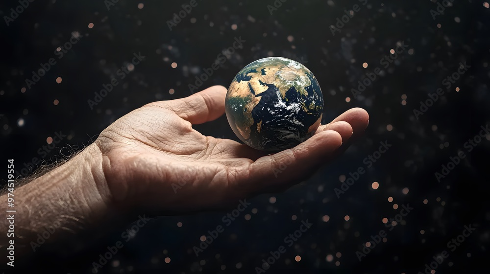 Hand Balancing Earth on Fingertips: A hand balancing the Earth delicately on the fingertips, against a black background dotted with stars.
Hand Balancing Earth on Fingertips: A hand balancing the Earth delicately on the fingertips, against a black background dotted with stars.