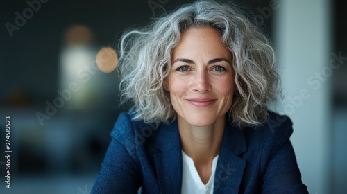 A confident woman with curly gray hair in a blue suit smiling warmly while sitting indoors, highlighted by a softly blurred background of a modern setting.