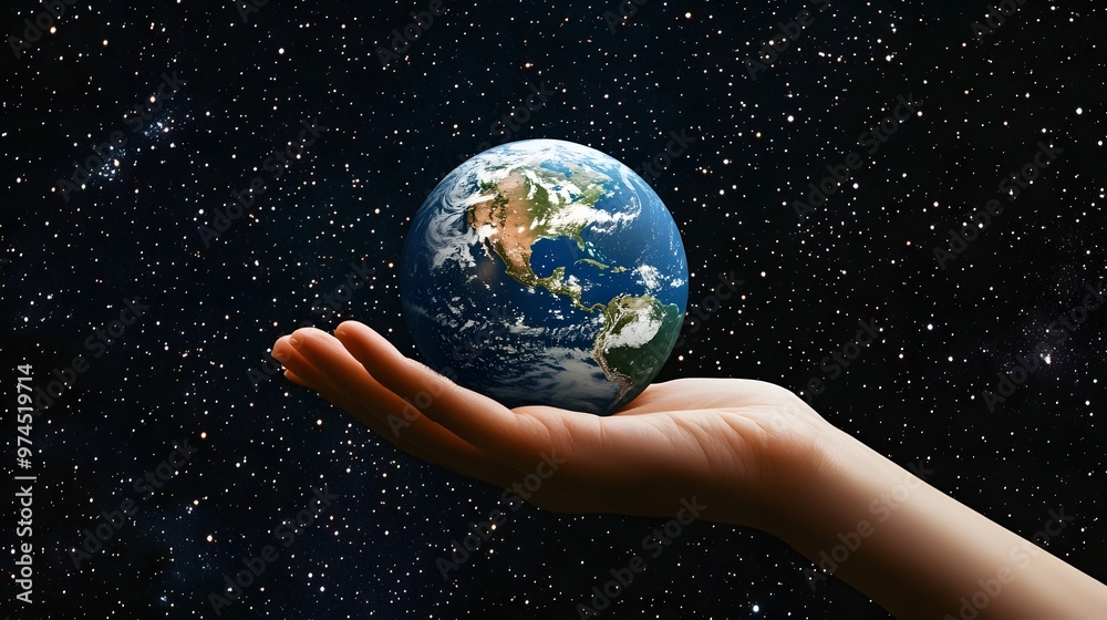 Hand Balancing Earth on Fingertips: A hand balancing the Earth delicately on the fingertips, against a black background dotted with stars. 
