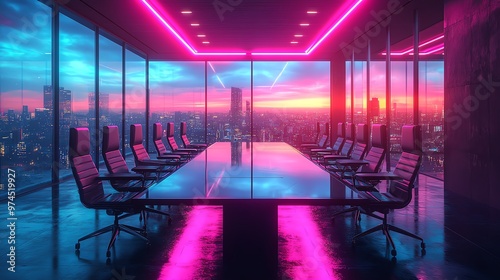Modern futuristic conference room with neon lights and cityscape view.