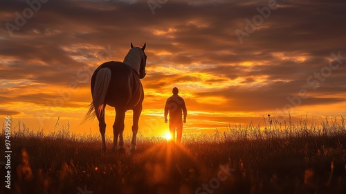 A heartwarming photo of a horse and its owner walking together at sunset, capturing the companionship and trust in their bond.