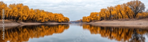 Serene autumn landscape featuring a river and golden leaves reflecting peaceful nature vibes