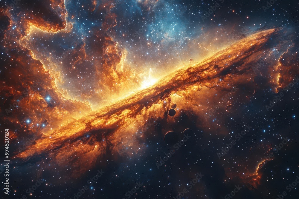 Fototapeta premium cosmic panorama vibrant nebulae distant galaxies ringed gas giants asteroid field starry expanse rich colors hyperrealistic space art style