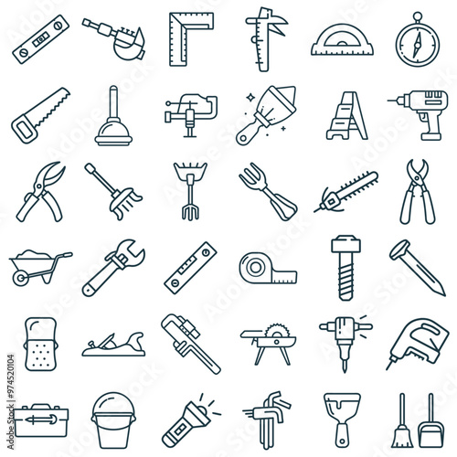 Set of 36 Industrial Tools and Construction Equipment editable Line Icons. Vector illustration. Part 2