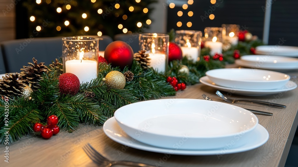 Festive Christmas Table Setting with Candles Pine Cones and Baubles Festive Christmas Table Setting with Candles Pine Cones and Baubles