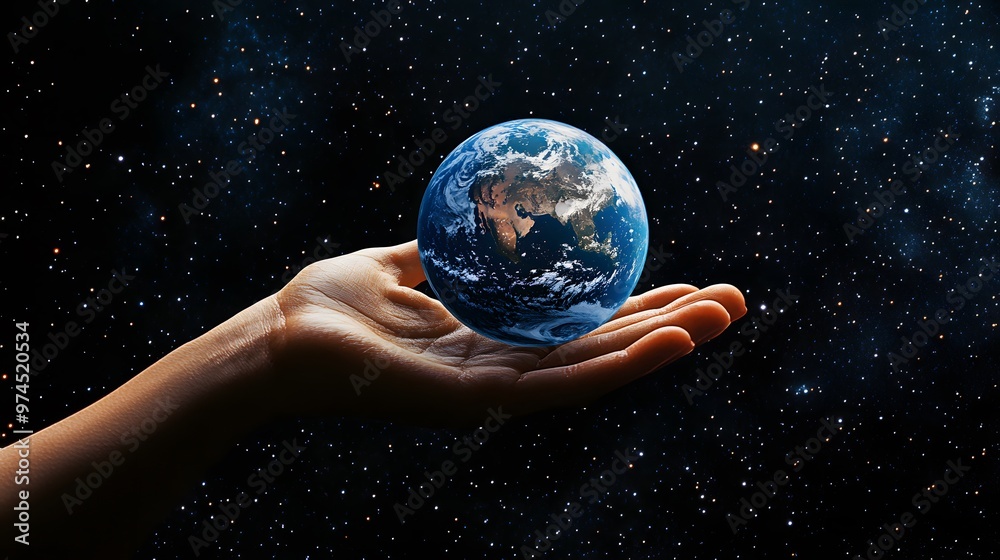 Hand Balancing Earth on Fingertips: A hand balancing the Earth delicately on the fingertips, against a black background dotted with stars.
Hand Balancing Earth on Fingertips: A hand balancing the Earth delicately on the fingertips, against a black background dotted with stars.