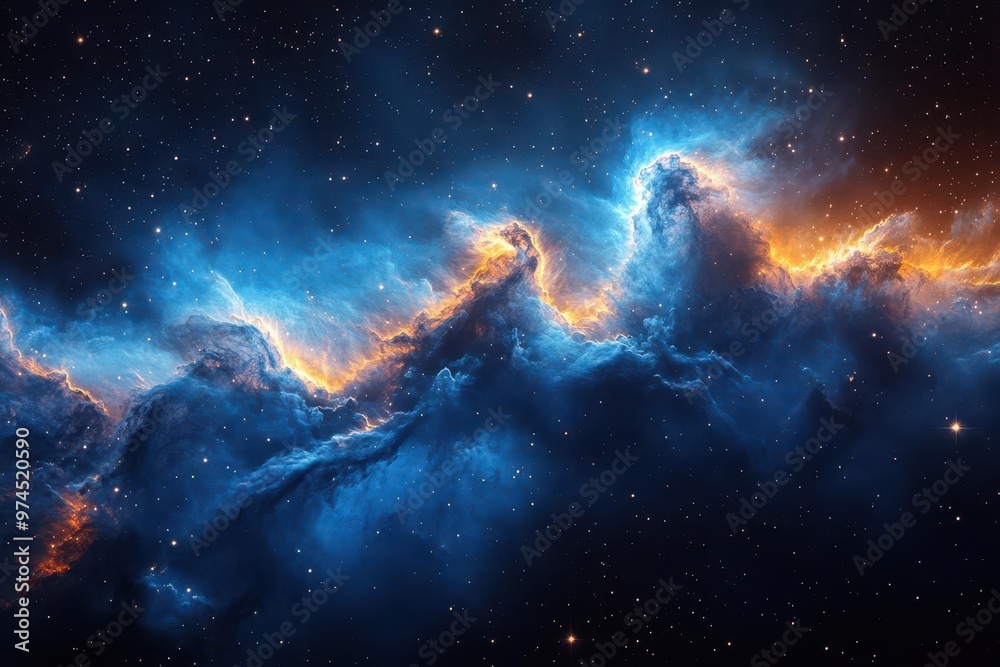 Naklejka premium cosmic vista of swirling azure nebula against inky black space distant stars twinkle through gossamer clouds of stardust evoking wonder and possibility