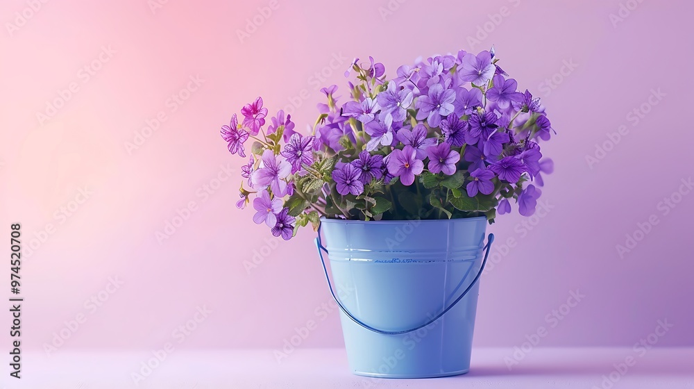 Violet flowers in blue metal bucket on pink and purple background Violet flowers in blue metal bucket on pink and purple background