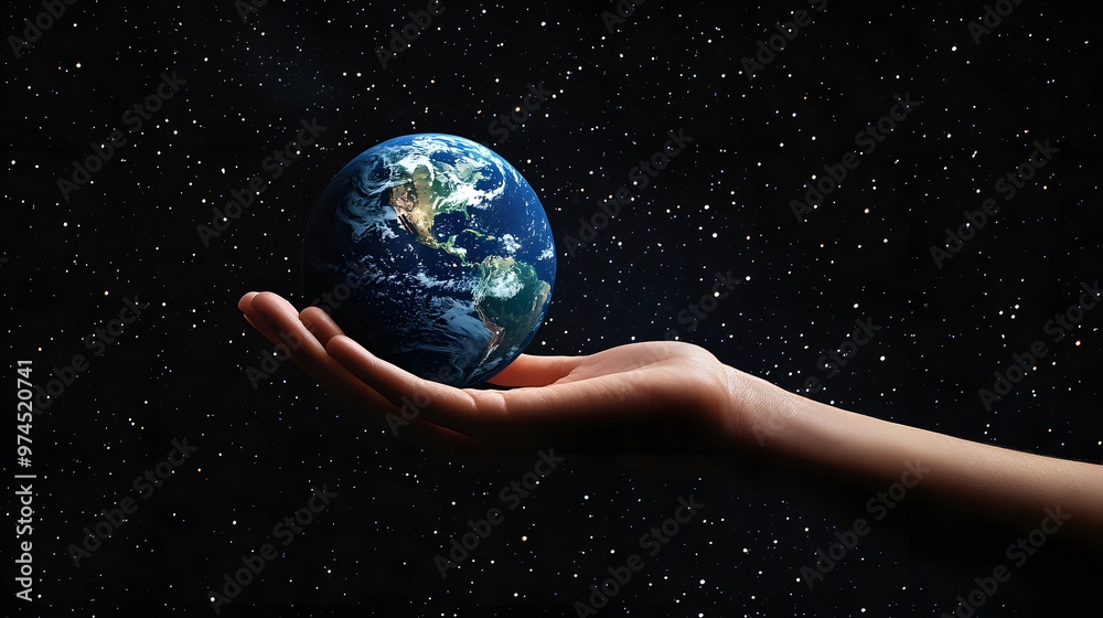 Hand Balancing Earth on Fingertips: A hand balancing the Earth delicately on the fingertips, against a black background dotted with stars.
Hand Balancing Earth on Fingertips: A hand balancing the Earth delicately on the fingertips, against a black background dotted with stars.