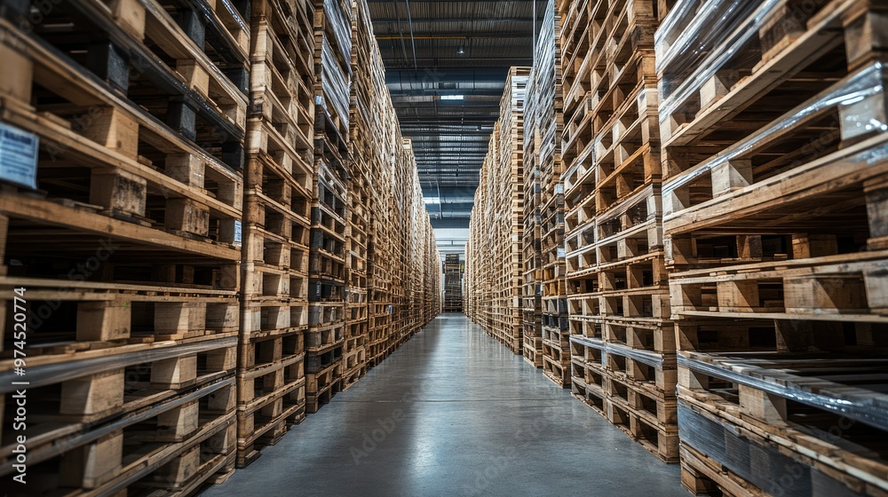 Warehouse interior showing multiple layers of stacked shipping pallets with wooden planks. Warehouse interior showing multiple layers of stacked shipping pallets with wooden planks.