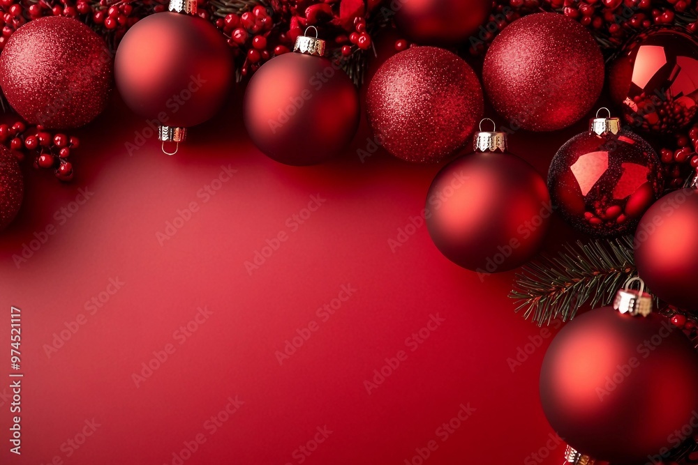 Red Christmas baubles decoration on red background with copy space. New Year greeting card. Minimal style. Flat lay Red Christmas baubles decoration on red background with copy space. New Year greeting card. Minimal style. Flat lay