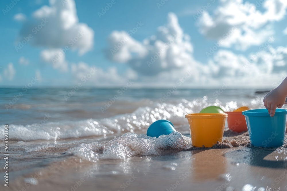 Bright colorful beach toys sit on the soft sand. The gentle waves lap at the shore under a beautiful sky. Perfect for sunny day fun at the beach. Generative AI Bright colorful beach toys sit on the soft sand. The gentle waves lap at the shore under a beautiful sky. Perfect for sunny day fun at the beach. Generative AI