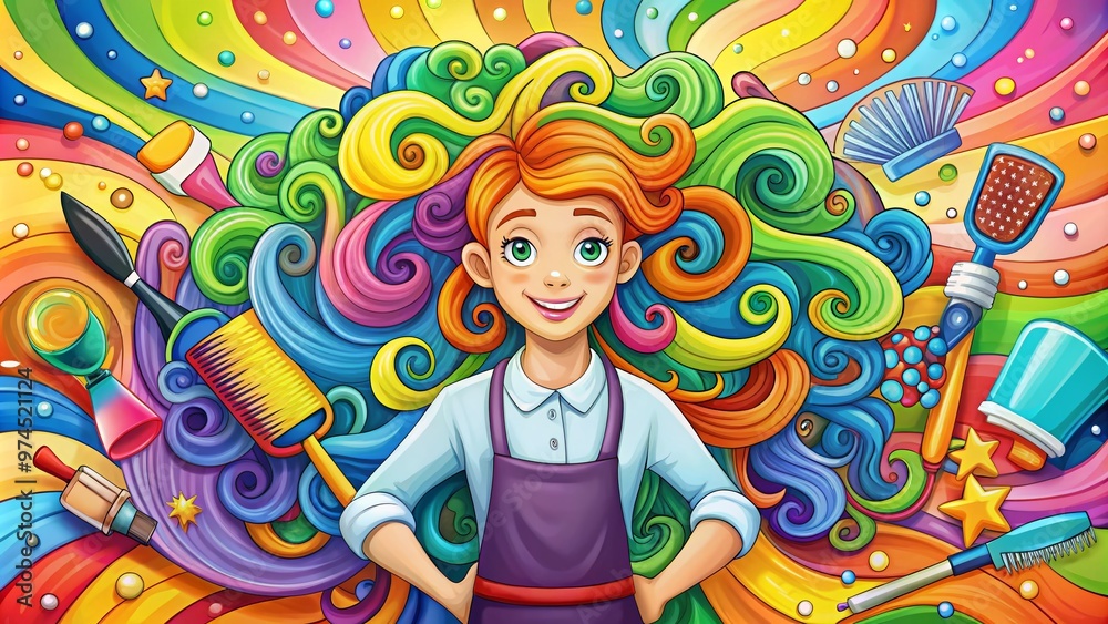 A whimsical illustration of a cheerful cartoon hairstylist, surrounded by colorful hair tools and products, stands proudly in front of a bright, swirling hair design background. A whimsical illustration of a cheerful cartoon hairstylist, surrounded by colorful hair tools and products, stands proudly in front of a bright, swirling hair design background.