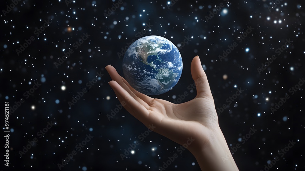 Hand Balancing Earth on Fingertips: A hand balancing the Earth delicately on the fingertips, against a black background dotted with stars.
Hand Balancing Earth on Fingertips: A hand balancing the Earth delicately on the fingertips, against a black background dotted with stars.