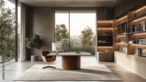 A minimalist home office with muted tones, sleek furnishings, and a focus on simplicity, capturing the quiet luxury of a refined workspace.