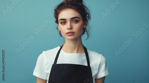 Young woman in a sleek black apron, captured against a simple blue background, combining fashion and function.