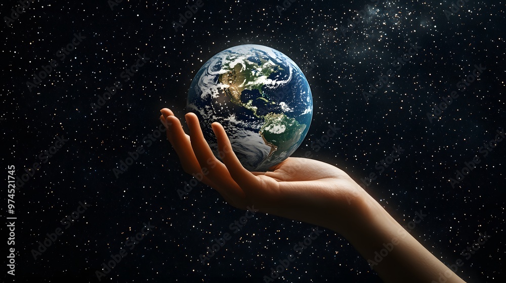 Hand Balancing Earth on Fingertips: A hand balancing the Earth delicately on the fingertips, against a black background dotted with stars.
Hand Balancing Earth on Fingertips: A hand balancing the Earth delicately on the fingertips, against a black background dotted with stars.