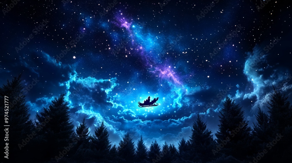 Fototapeta premium Christmas Night Sky with Santa Claus Sleigh and Stars