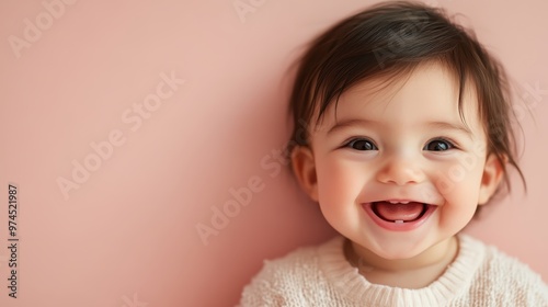 A cheerful baby wearing a cream sweater is joyfully smiling, with a peachy backdrop highlighting the child’s charming expression, innocence, and delightful warmth.