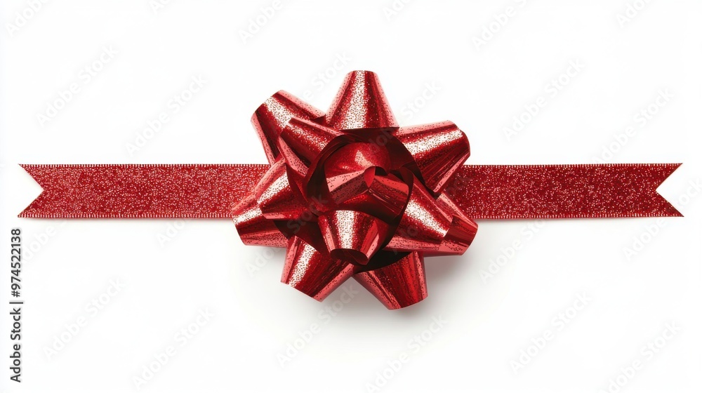 Bright red bow atop a glittery ribbon for gift wrapping displayed on a white background during the holiday season Bright red bow atop a glittery ribbon for gift wrapping displayed on a white background during the holiday season