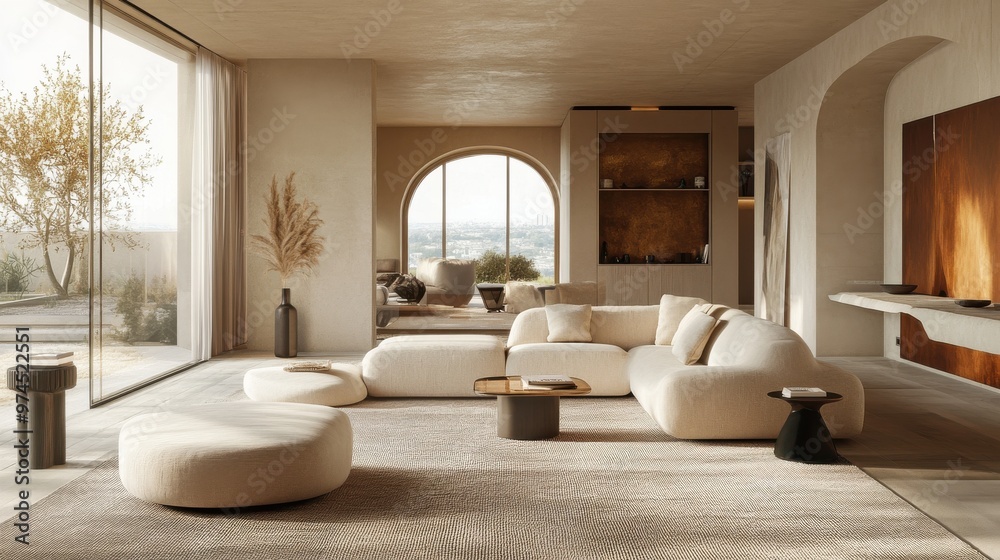 Fototapeta premium A minimalist lounge area with a neutral color palette, elegant furniture, and simple decor, reflecting the understated luxury of quiet living.