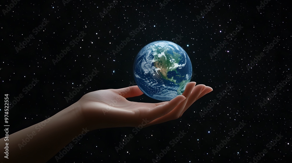 Hand Balancing Earth on Fingertips: A hand balancing the Earth delicately on the fingertips, against a black background dotted with stars.
Hand Balancing Earth on Fingertips: A hand balancing the Earth delicately on the fingertips, against a black background dotted with stars.