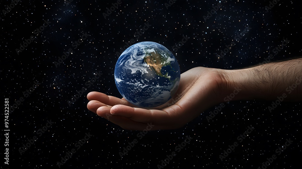 Hand Balancing Earth on Fingertips: A hand balancing the Earth delicately on the fingertips, against a black background dotted with stars.
Hand Balancing Earth on Fingertips: A hand balancing the Earth delicately on the fingertips, against a black background dotted with stars.