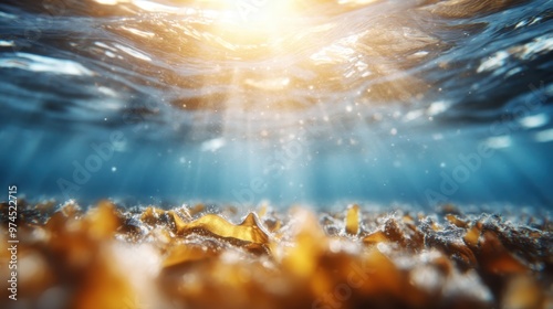 Sunlight streams down to illuminate seaweed beneath the water's surface, capturing the ethereal beauty and tranquility of the marine environment in vivid detail.