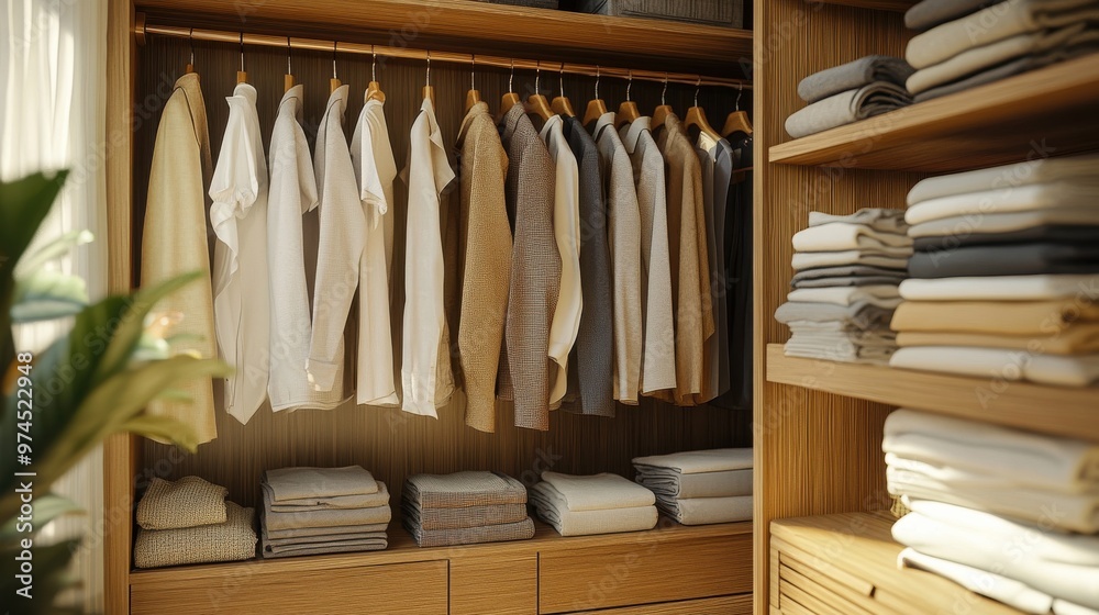 A minimalist wardrobe with neatly arranged clothing in neutral tones, capturing the essence of quiet luxury and understated elegance. A minimalist wardrobe with neatly arranged clothing in neutral tones, capturing the essence of quiet luxury and understated elegance.