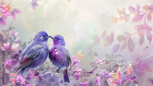 Wedding purple birds on a festive background with flowers wedding day concept