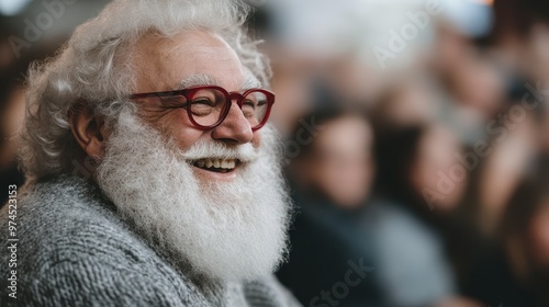 Santa Claus with his iconic white beard and red suit is seen amidst a crowd, capturing a candid moment during a festive event, reflecting joy, community, and cheer of the season. photo