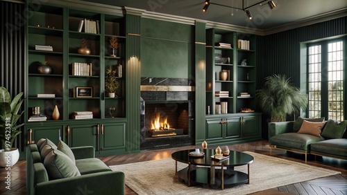 Art deco interior design of modern living room, home with fireplace and shelves.
