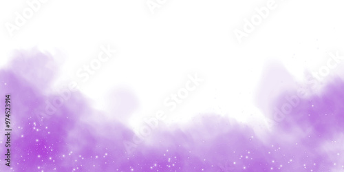 Fantastic purple smoke background. Magic purple smoke with glitter and small particles of twinkling stars. Fog with luminous particles. Purple vapor with stardust. Morning fog over land or water surfa photo