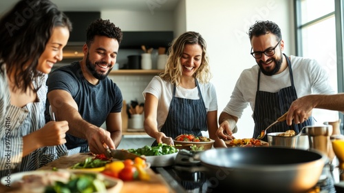 Fototapeta Naklejka Na Ścianę i Meble -  A multiracial group of friends cooking together in a home kitchen, capturing the joy of shared experiences and cultural exchange.