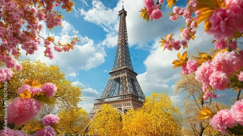 The Eiffel Tower surrounded by spring blossoms, with colorful flowers framing the landmark and adding a touch of natural beauty