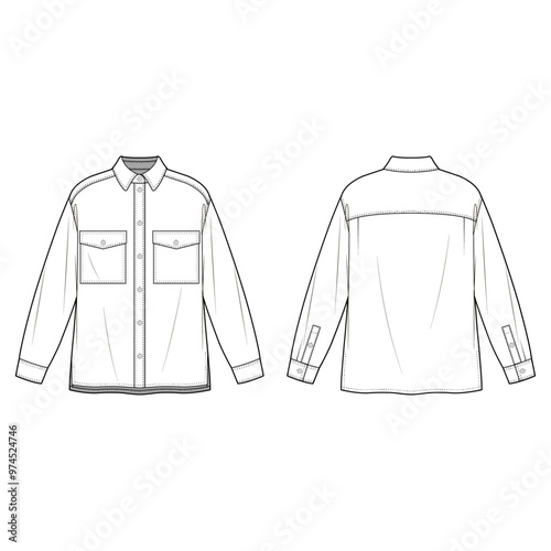 Technical flat sketch of an oversized button-down shirt design template. White shirt mock-up. Boxy shirts with patch pockets.