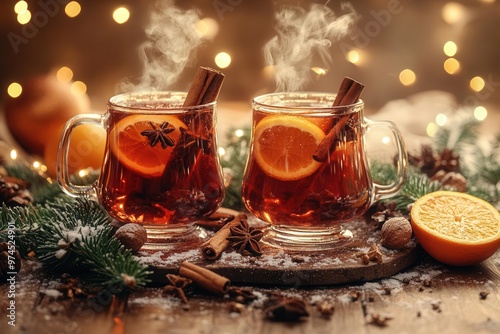 cozy winter scene with steaming glasses of mulled wine garnished with cinnamon sticks and orange slices set on a rustic wooden table with pine branches and twinkling lights