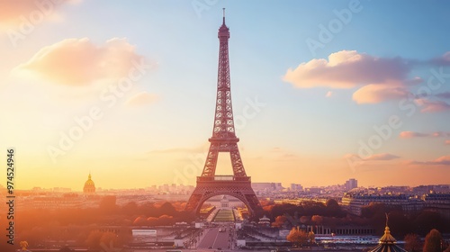 The Eiffel Tower with the Paris skyline in the background, showcasing its towering presence amidst the cityscape.