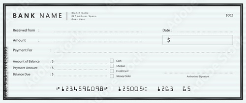 Empty money cheque. Bank check. check book template with pattern and blank fields. Currency payment coupon, US dollar check background