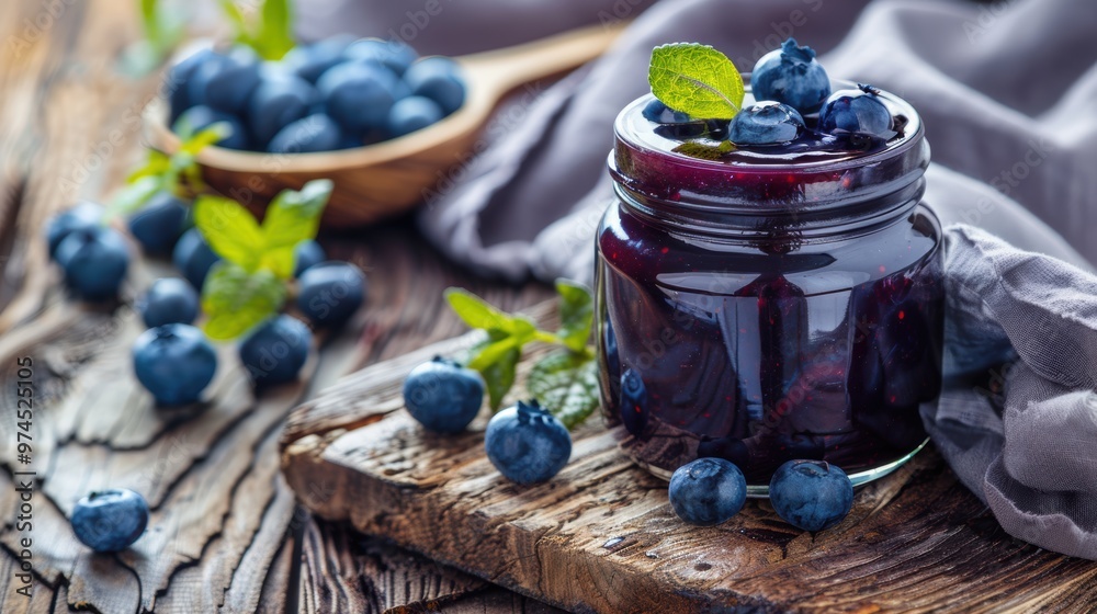 A jar of blueberry jam with fruit on wooden table
