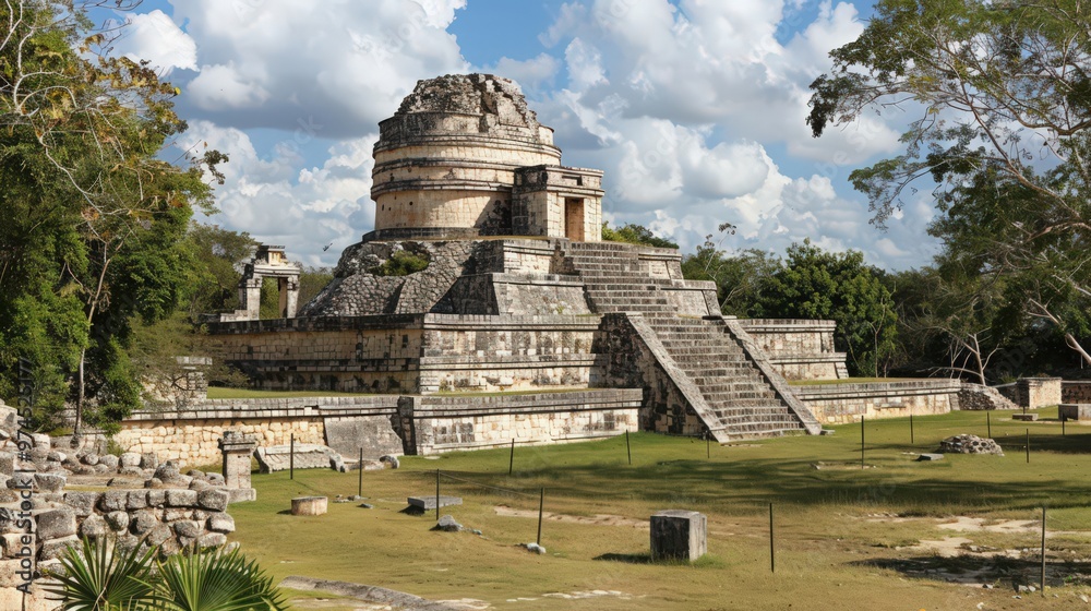 The El Caracol observatory at Chichen Itza, with its unique spiral design and the surrounding ancient structures. The El Caracol observatory at Chichen Itza, with its unique spiral design and the surrounding ancient structures.
