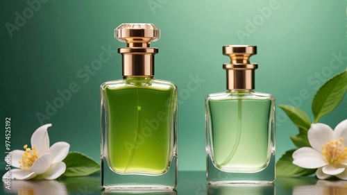 Two perfume bottles with green liquid and white flowers on green background.