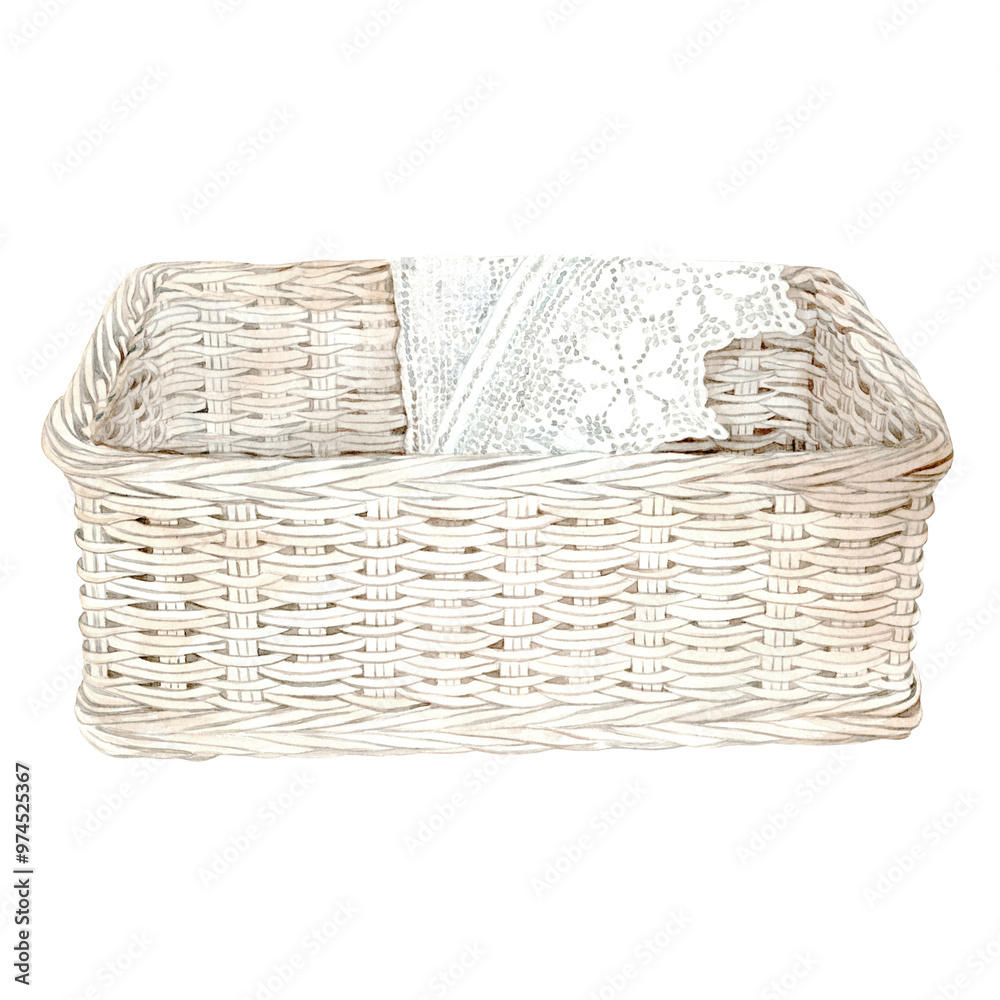 Obraz premium Wicker basket with napkin. Watercolor Clip Art on a white background. The illustration is hand drawn. Suitable for card designs, textiles and scrapbooking.