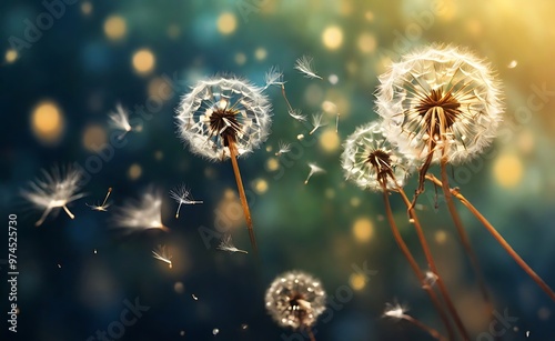 Abstract blurred nature background dandelion seeds parachute. Abstract nature bokeh pattern. photo