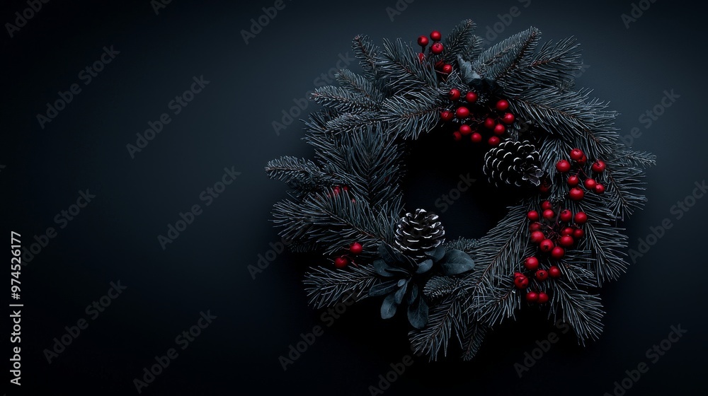 Christmas Wreath with Red Berries and Pine Cones on Black Background Christmas Wreath with Red Berries and Pine Cones on Black Background