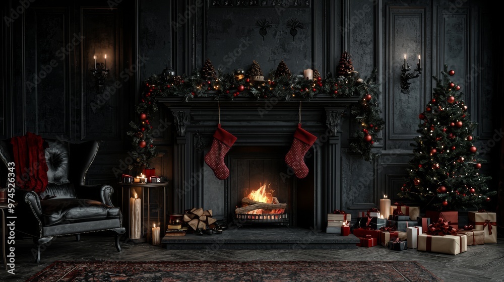 custom made wallpaper toronto digitalDark Christmas Fireplace with Presents and Christmas Tree