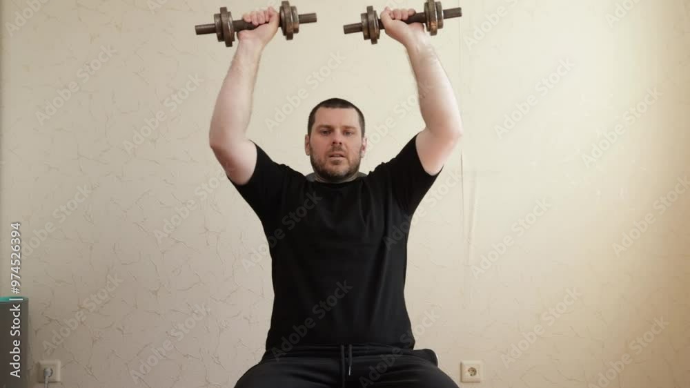 Man exercising in home gym, athlete dedicated to muscular development, lifting weights, enhancing body strength.