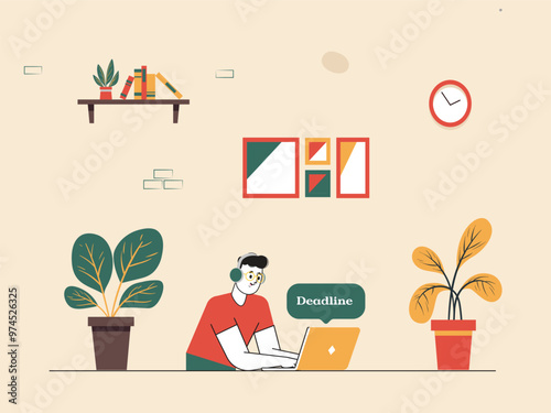 Freelance Remote Working Concept - Vector Illustration of Individuals Using Laptops in Home Office Settings, Highlighting Self-Employment and Online Work.