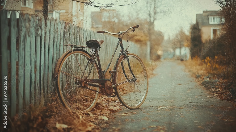A retro photo of a lone bicycle leaning against a weathered fence, with light leaks and soft, warm tones adding to the nostalgic and vintage mood. A retro photo of a lone bicycle leaning against a weathered fence, with light leaks and soft, warm tones adding to the nostalgic and vintage mood.