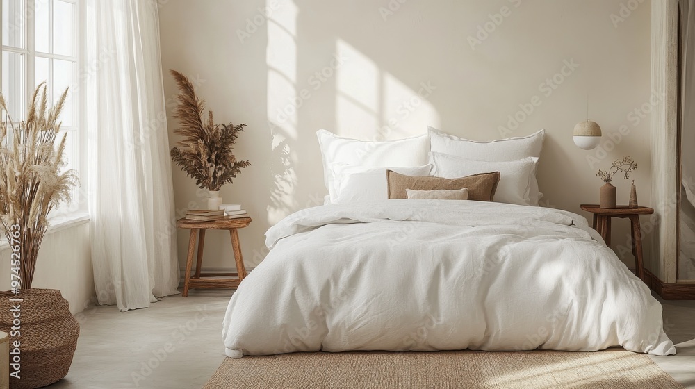 A serene bedroom with crisp white linens, a neutral palette, and minimal decor, capturing the essence of quiet luxury and minimalist style. A serene bedroom with crisp white linens, a neutral palette, and minimal decor, capturing the essence of quiet luxury and minimalist style.